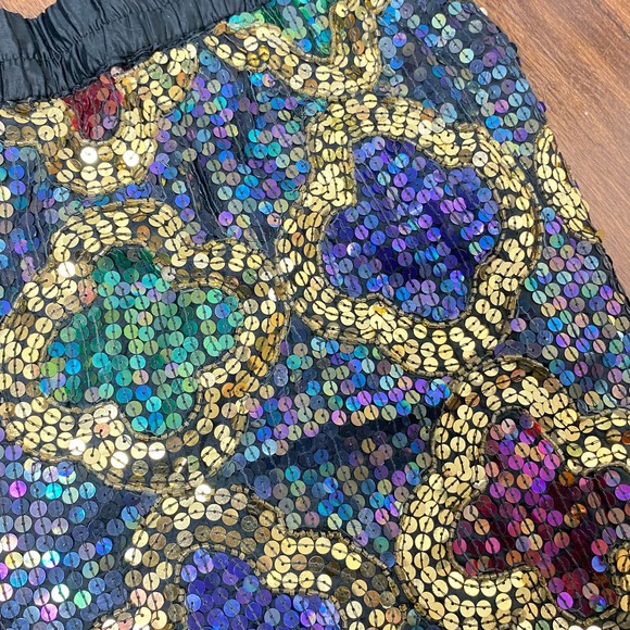 Vintage SNF Silk Sequin Shorts Quatrefoil Flower Glitz Glam Black Gold Peacock - Picture 4 of 7